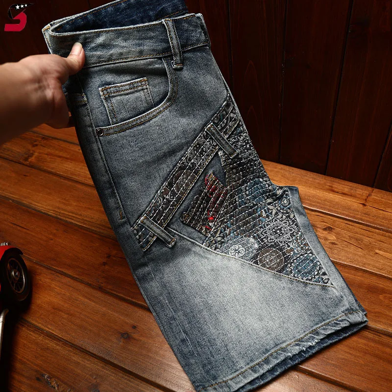 High-End Hole & Patch Denim Shorts Men's Summer Fashion2024New Trendy Slim Fit Stretch Personality Motorcycle Shorts