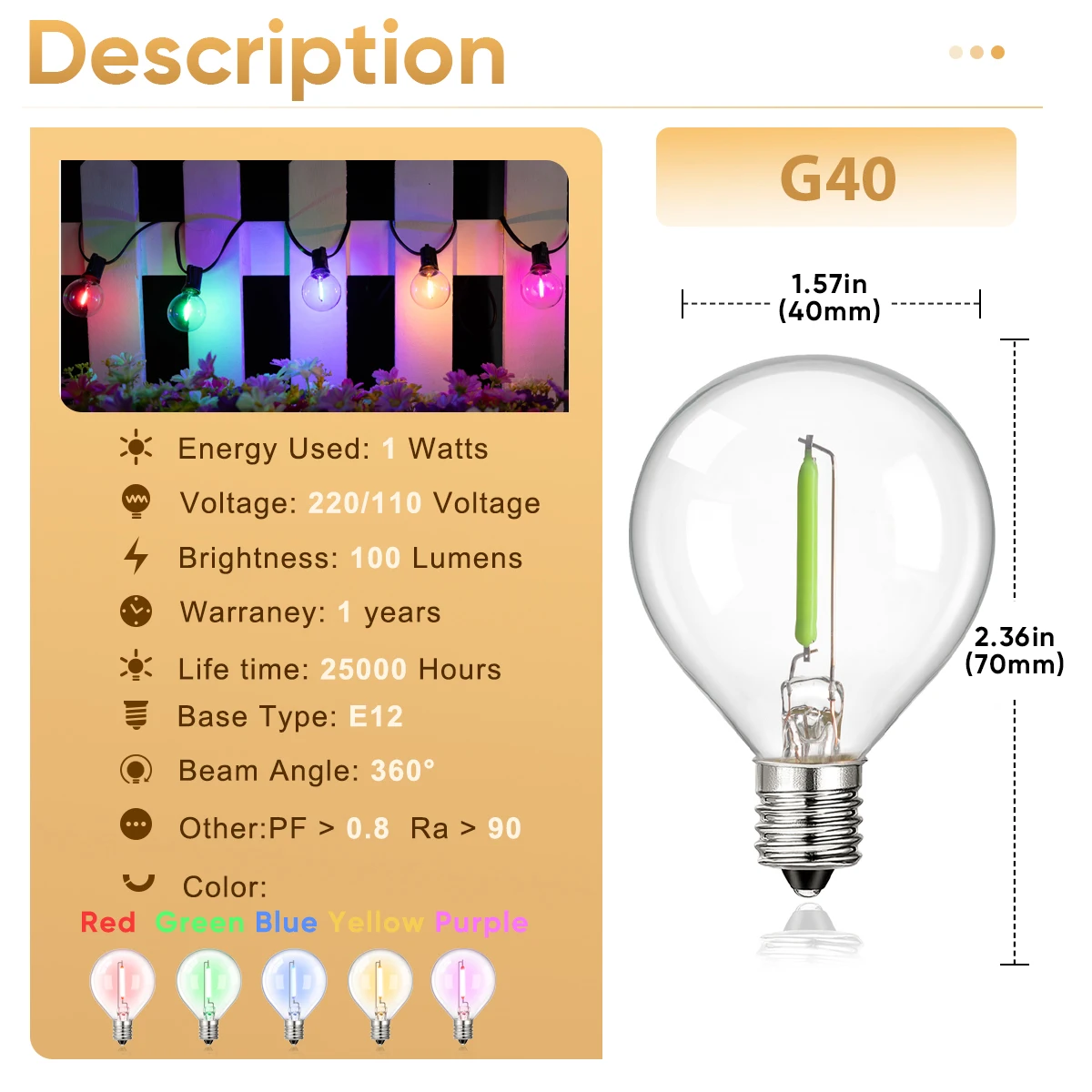 Multicolor G40 Led Bulbs Outdoor E12 110V 220V String Light Replaceable Bulb Waterproof Christmas RGB Filament Decoration Light