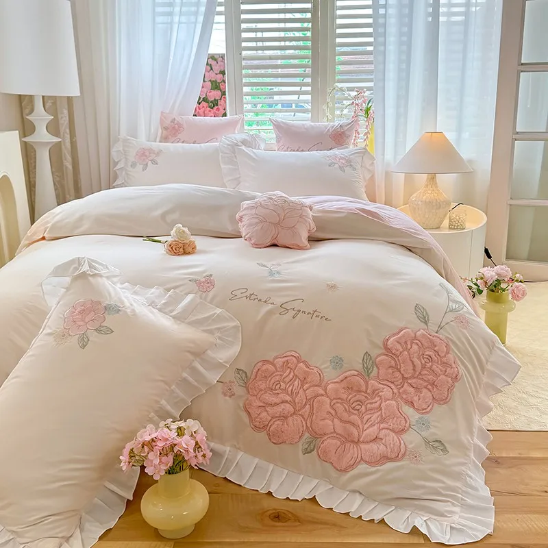 

White/Pink Princess Wedding Rose Flowers Embroidery Ruffles Bedding Set Queen King Size Duvet Cover Bed Sheet Pillowcases 4Pcs