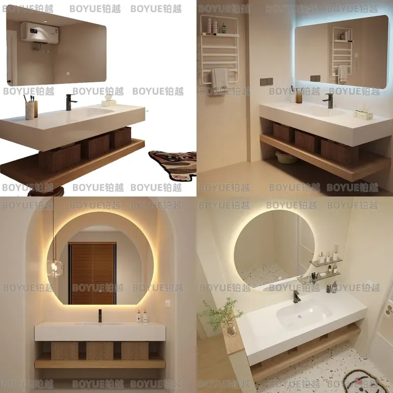 Rock Slab Bathroom Vanity with Integrated Seamless Ceramic Basin Double Layer Storage Cabinet for Hotel Home Wash Sink Unit