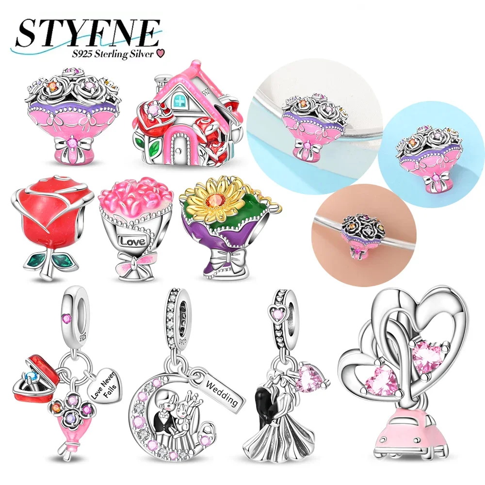 

Charms 925 Silver Pink Tulip Bouquet House Happy Wedding Car Romantic Wedding Beads Pendants Fit Original Bracelet Jewelry Gifts