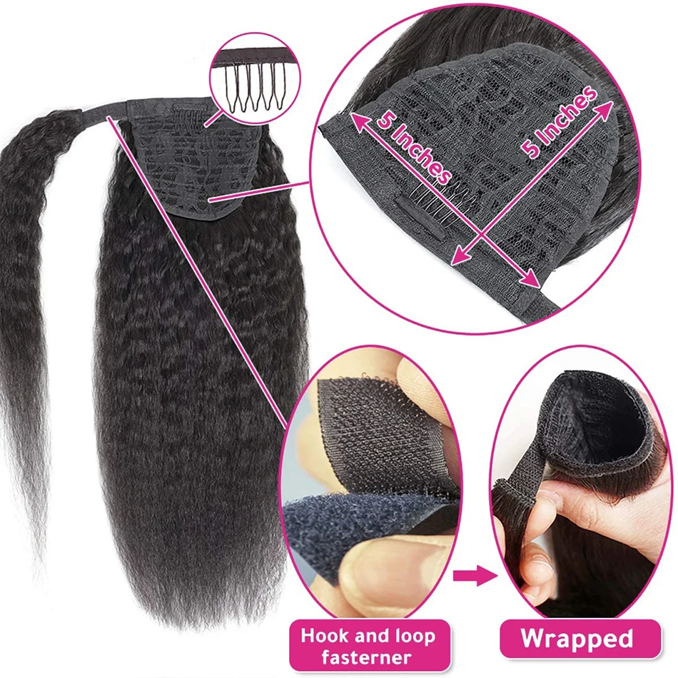 100g Kinky Straight Human Hair Wrap Around Ponytail Remy Hair Extensions Brazilian Hair Pieces Natural Color For Women