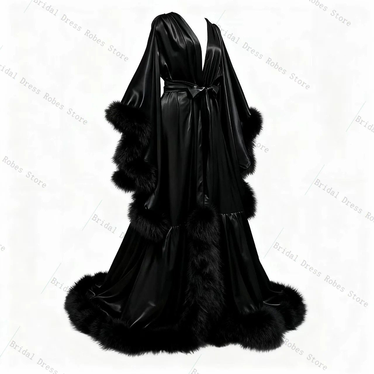 

Fur Satin Prom Dress Sexy V Neck Full Sleeves A Line Belted Sleepwear Evening Gown Customized Tulle Mesh Formal Bridal Robe