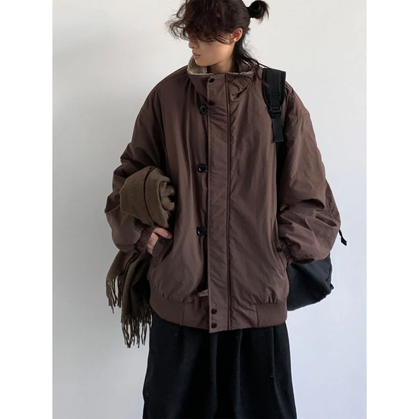 

Ретро-японская рабочая куртка из хлопка и бархата, свободного кроя, с воротником-стойкой, коричнево-кофейная, унисекс, новая зимняя верхняя одежда