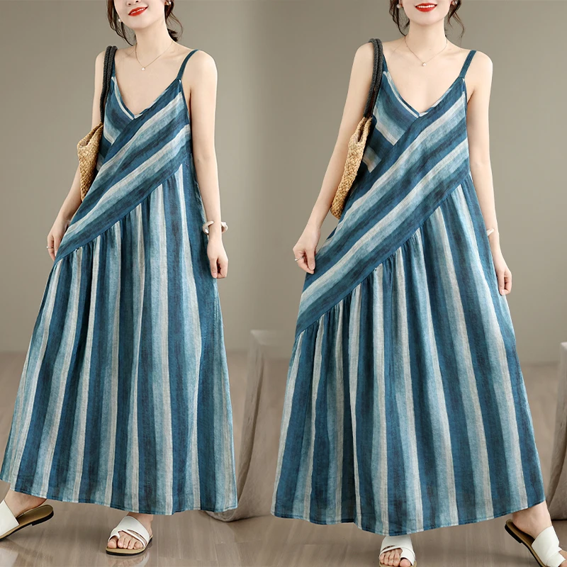 Soft Fabric Thin Cotton Linen Maxi Dress Women's V-neck Print Wrap Waist Strap Dress Multi-color Summer Commute Style Dress
