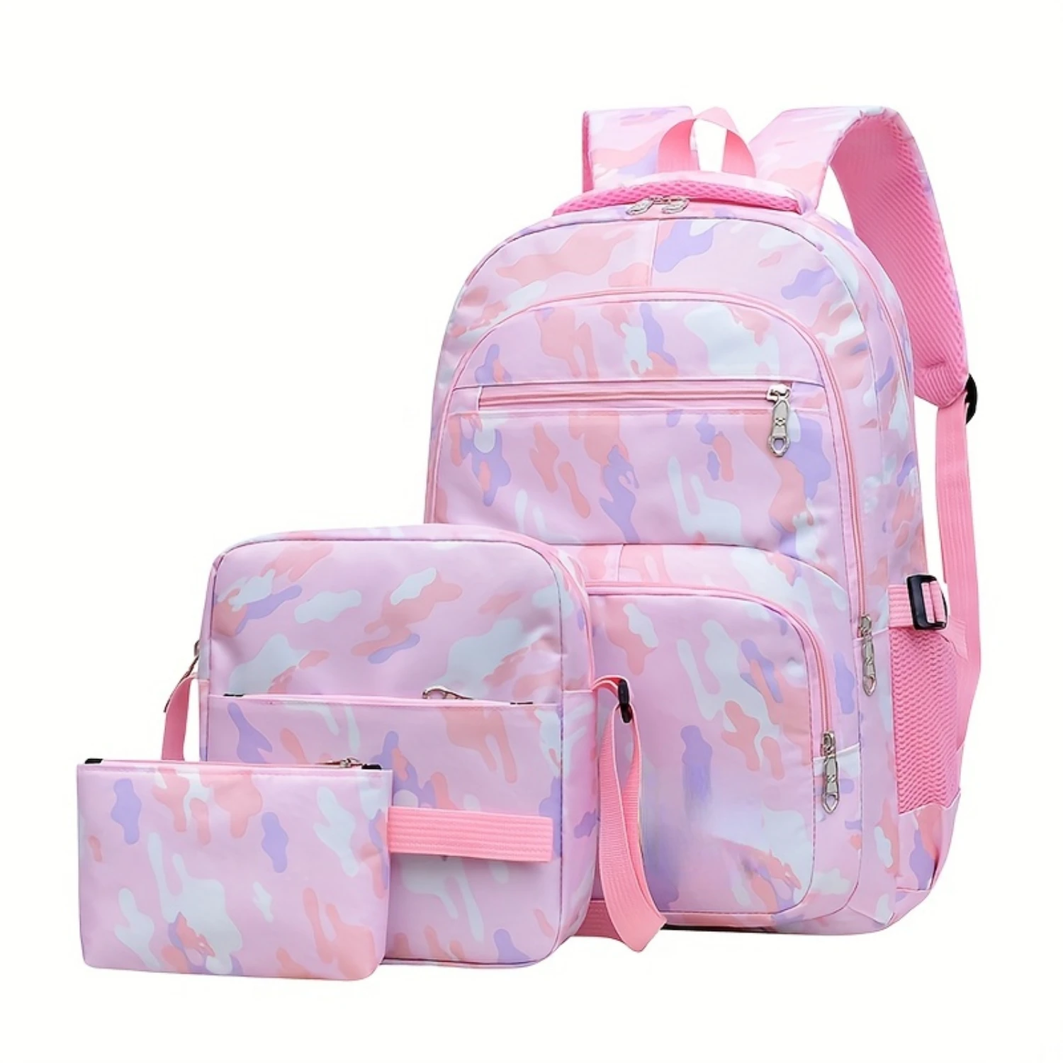 Camouflage Backpack Set with Crossbody Bag and Pencil Case, Aesthetic Preppy Design.