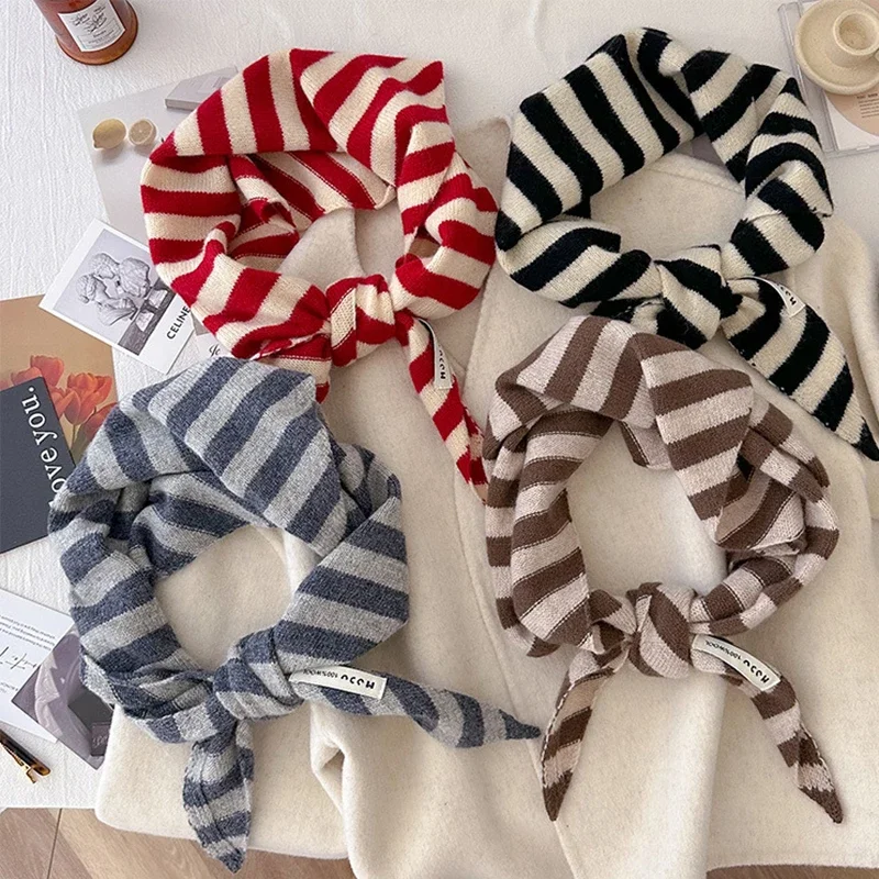 

100% New Women Wool Scarf Shawl Winter Warm Soft Knitted Striped Triangle Fashion Brand Bandana Lady Wool Scarves