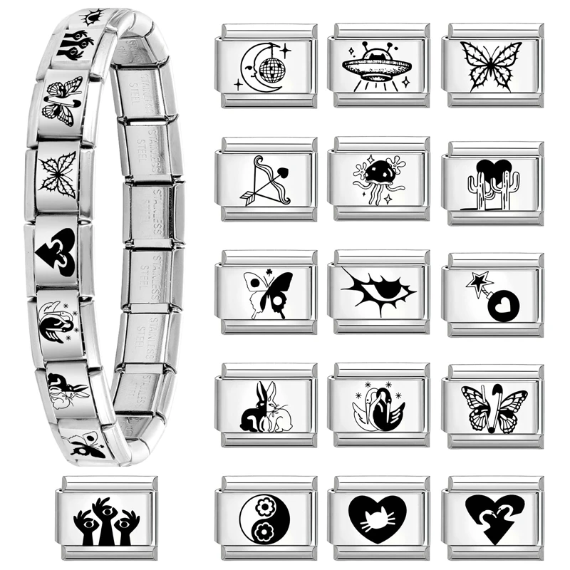 Laser Engraving Star Heart Moon Tai Chi Sun Dice Italian Charm Links Fit 9mm Bracelet Stainless Steel Men Women DIY Making Gifts