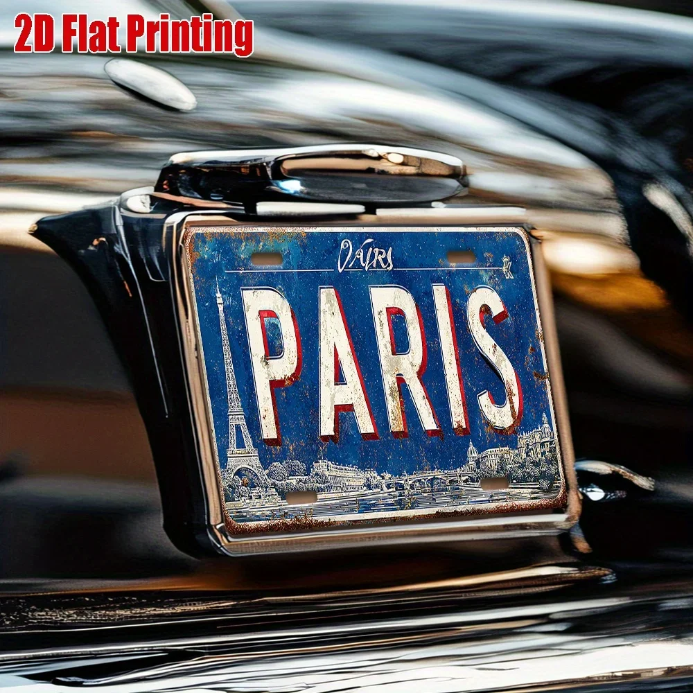 Paris Metal License Plate—Vintage French Cityscape Design, Blue Background—Heavy-Duty Aluminum Wall Decor