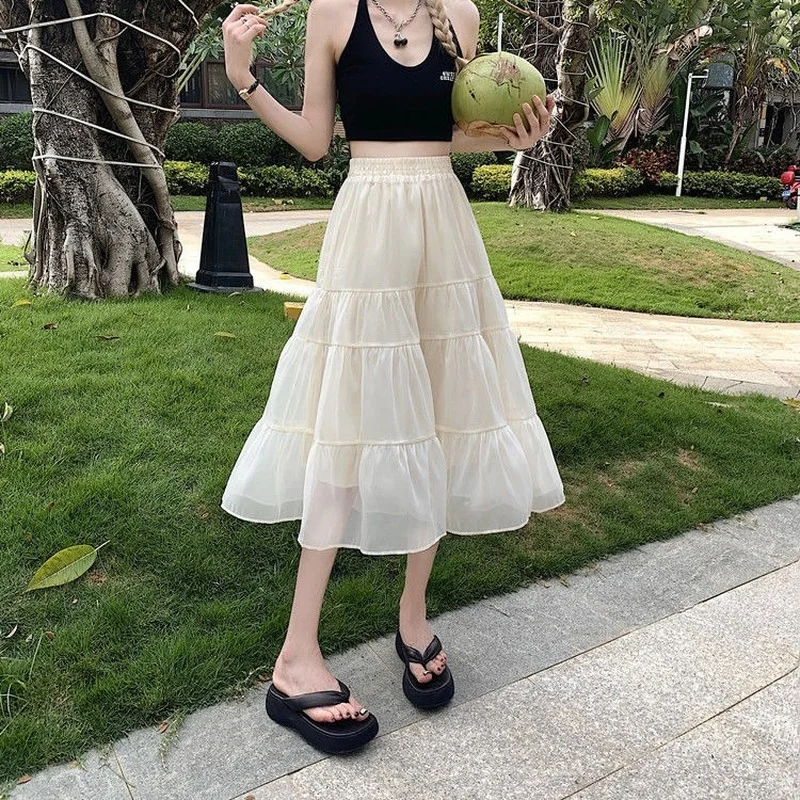 

2022 Summer Women Midi Skirts High Waist Elastic Long A-line Pleated Skirt for Girl Fairycore Lace Tulle Skirt Beach Clothing