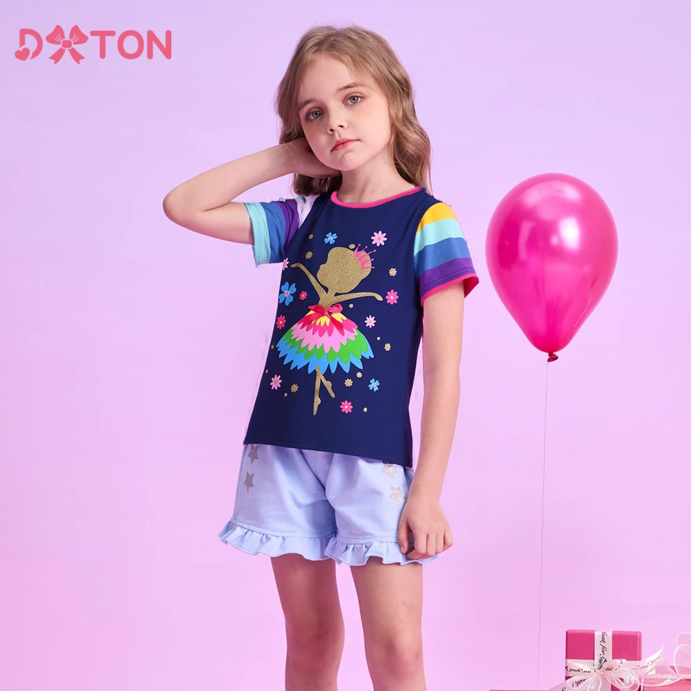 DXTON Children T-shirt Matching Color Summer Toddlers Tops Pink O-neck Girls Daily Tees Cartoon Fairy Elf Kids School Costumes