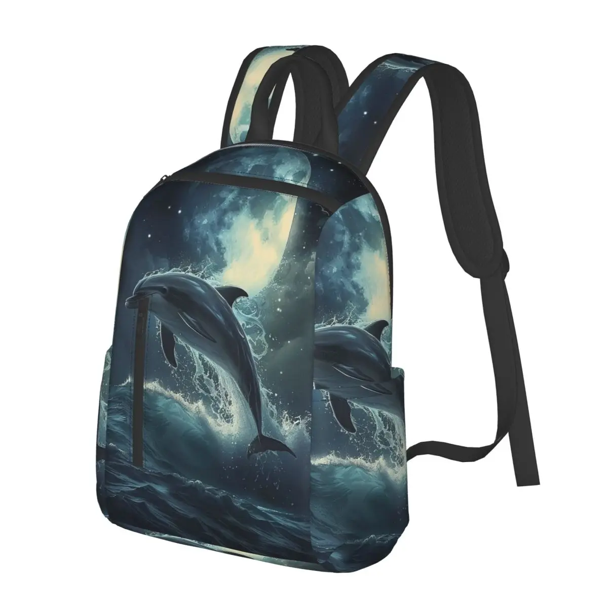 Dolphin Jumping Out Of Water And Full Moon Student Backpack School Bag Hiking Travel Daypack for Men Women Bookbag Shoulder Bags