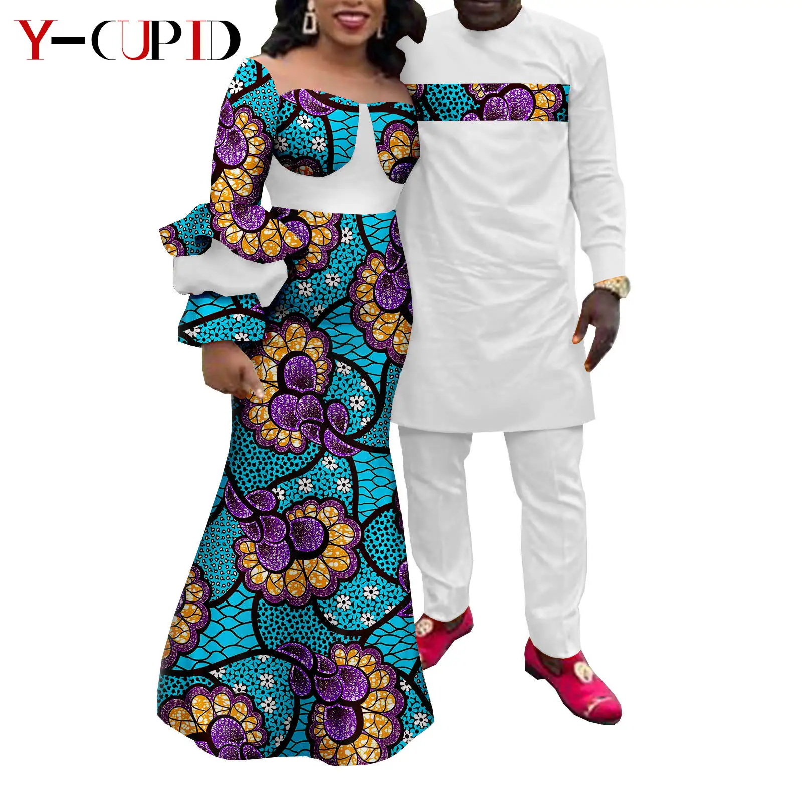 African Print Long Dresses for Women Matching Men Outfits Top and Pant Sets Bazin Riche Couple Clothes Wedding Wear Y22C045