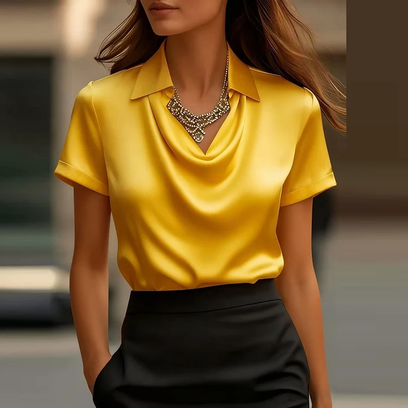 Todos os jogos camisa de cetim feminina e blusas moda feminina camisa de manga curta feminina elegante camisa de seda senhora do escritório topos