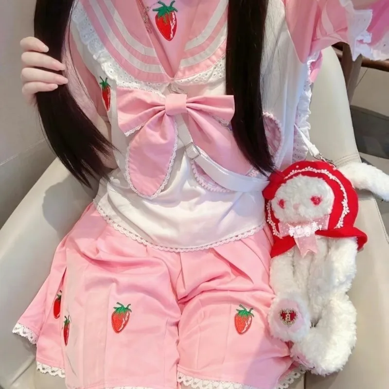 Pink Sweet Lolita Style Skirt Sets Women Kawaii Rabbit Ears Sailor Collar Tops Y2k Strawberry Skirts Female Cute JK Uniform Suit