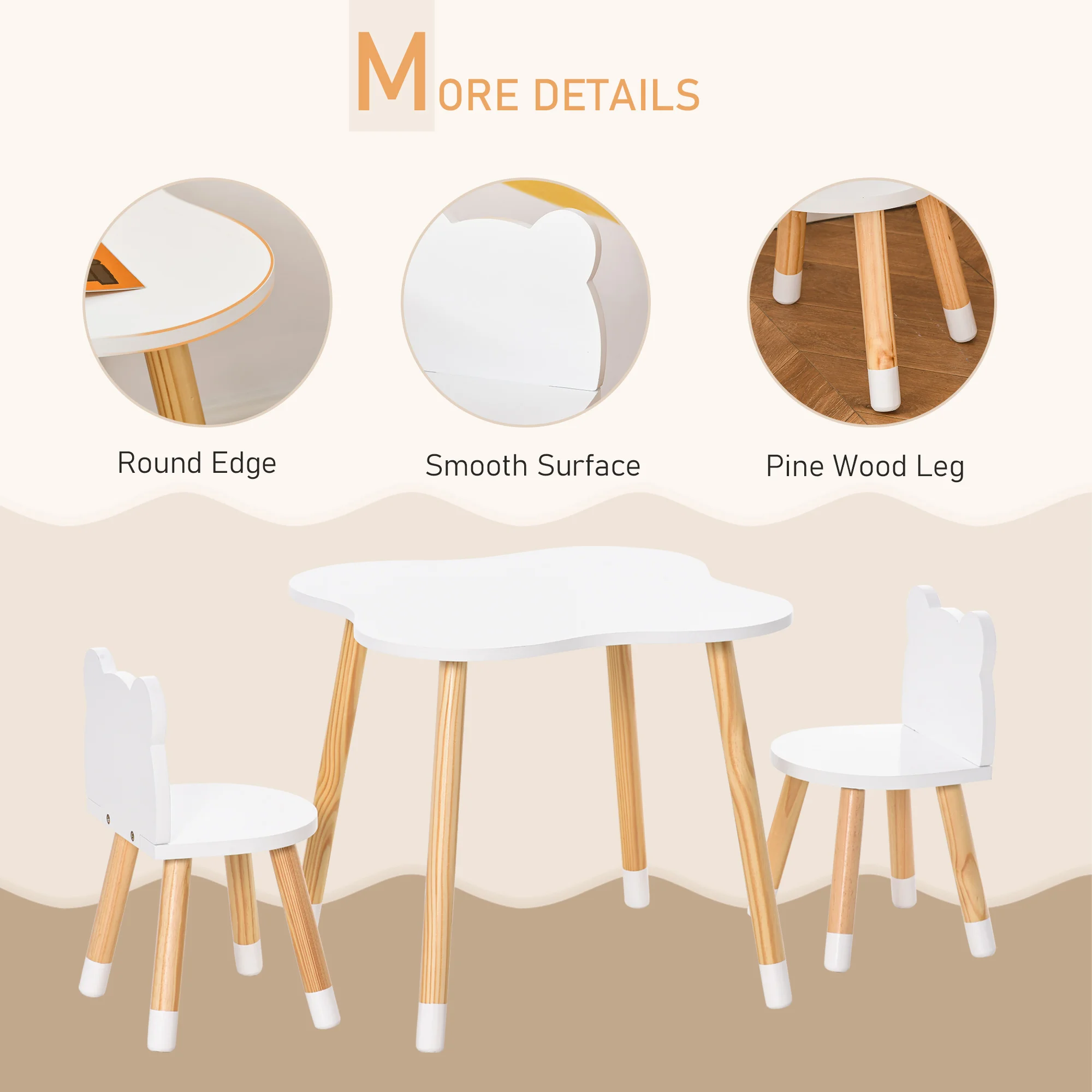 HOMCOM Kids Table and Chair Set, 3-Piece Set with 2 Bear-Shaped Chairs, for Playroom, Nursery, Living Room, White