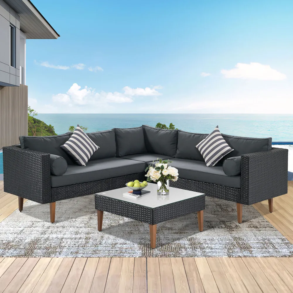 

4-pieces Outdoor Wicker Sofa Set, Patio Furniture with Colorful Pillows, L-shape sofa set, Gray cushions and Black Rattan