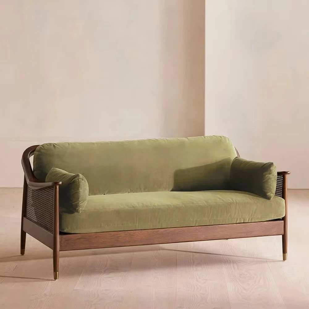 Modern Minimalist Farmhouse Style Retro Chesterfield Sofa Velvet Cover Sponge Solid Oak Wood Three-Seat Bed Leg Support Living