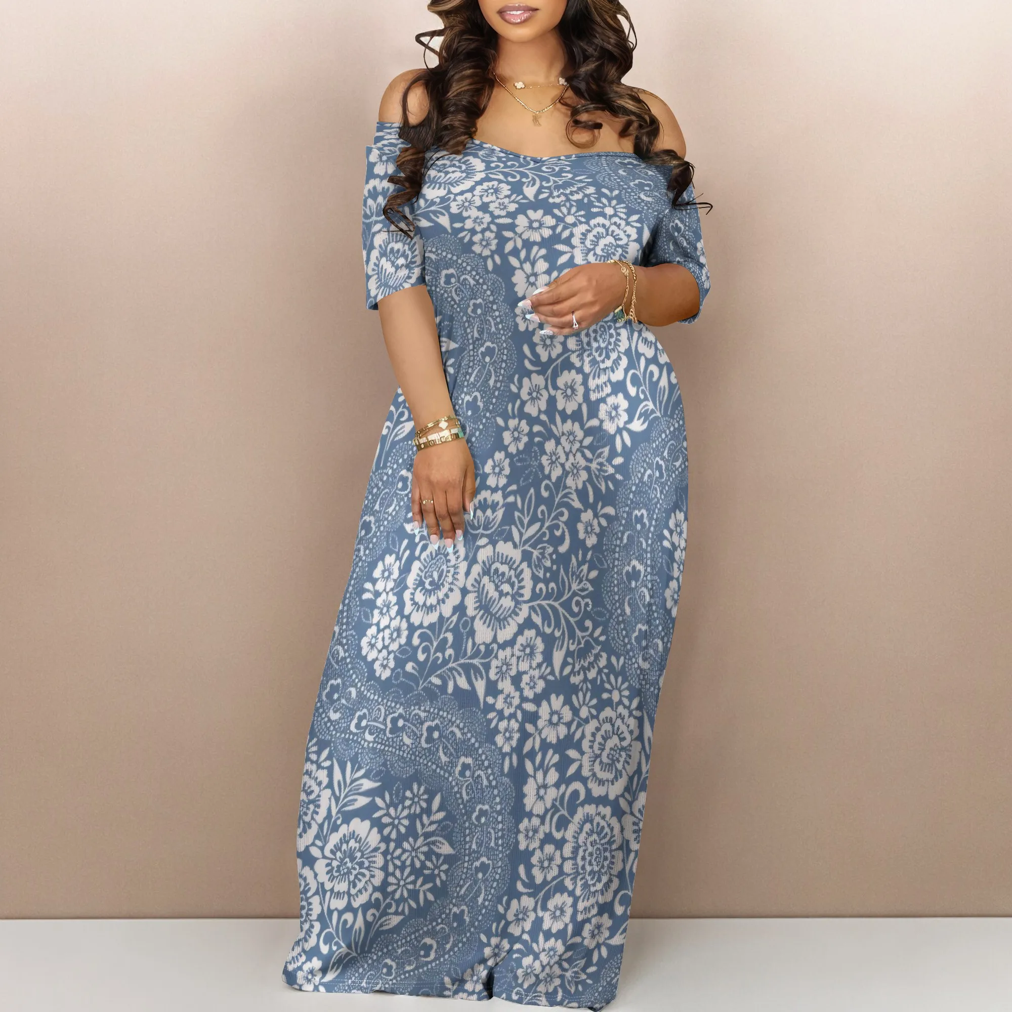 

Trendy Off Shoulder Floral Print Maxi Dress Women Summer Look with Side Pockets