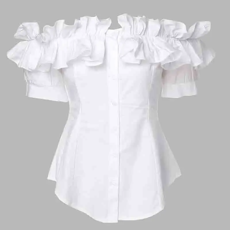 Chemisier d'été pour femmes, asymétrique épaule dénudée, chemise blanche, hauts Vintage, blanc, solide, élégant, boutons, pour femmes