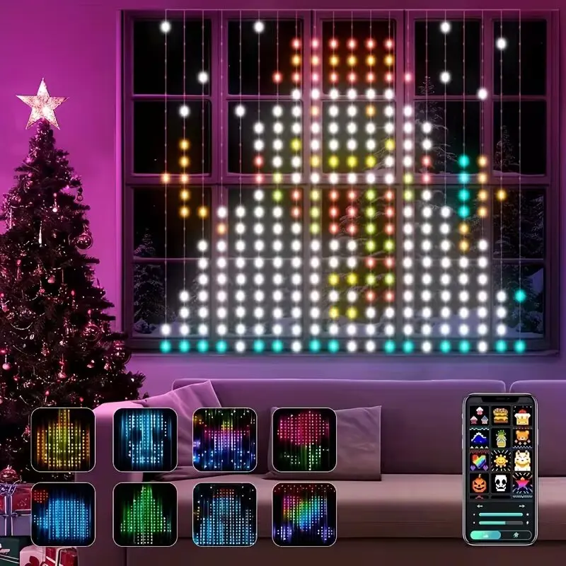 APP Controlled LED Pixel Curtain Lights, DIY Custom Pattern Text, Music Sync With Remote Control For Wedding Party Halloween Decoration