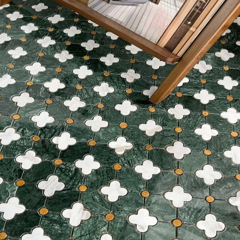 French Vintage Dark Green Stone Plum Blossom Mosaic, Tile Floor Tiles