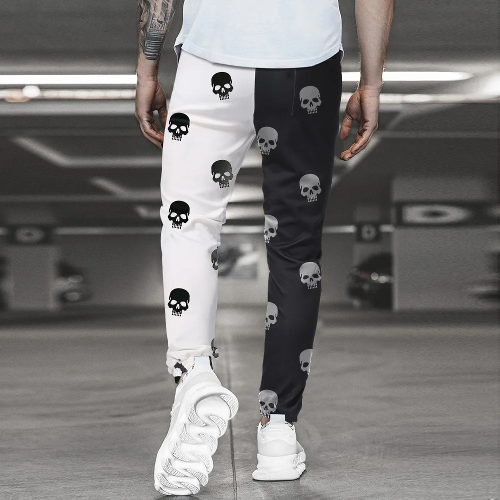 

Y2K Одежда на Хэллоуин, модные черно-белые лоскутные брюки-карго для мужчин, повседневные брюки для спортзала с принтом черепа, Techwear Pantalones