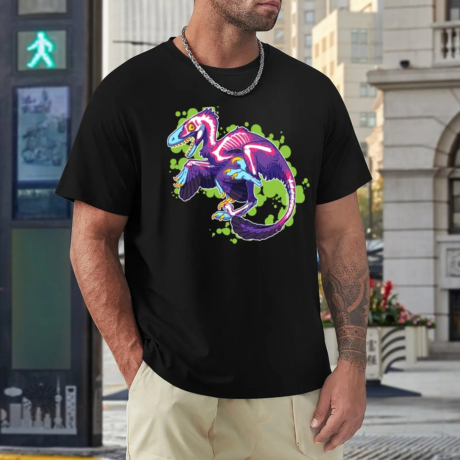 T-shirt Radioativa Velociraptor para Homens, T-shirt extragrande, Roupas Manga Curta, Roupas Kawaii