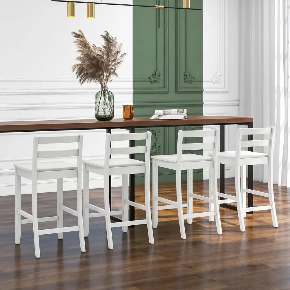 مجموعة من 4 مقاعد بارتفاع خشبية بيضاء، مقاس 24 بوصة مع مسند ظهر مريح ومسند للقدمين، طراز المزرعة لجزيرة المطبخ