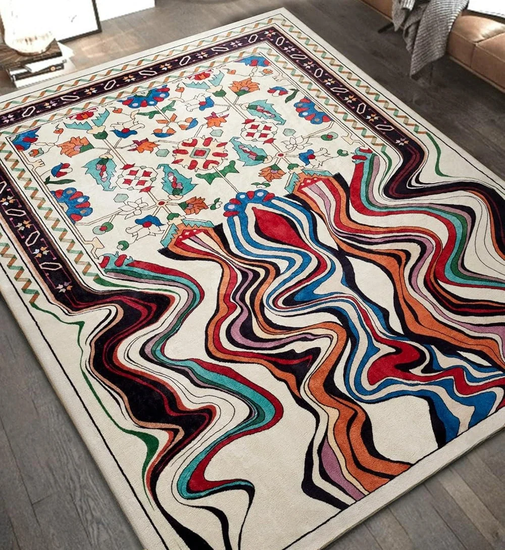 HD-Vintage Wine Red Melting Oriental Carpet for Living Room Bedroom Soft Non-Slip Area Rug Balcony Boho Wavy Funky Abstract Rugs