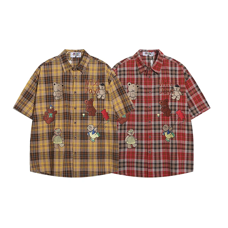 Vertical Teddy Bear Embroiderey Plaid Short Sleeve Shirts Mens Retro Streetwear Summer Lapel Loose Single Breasted Cotton Shirts