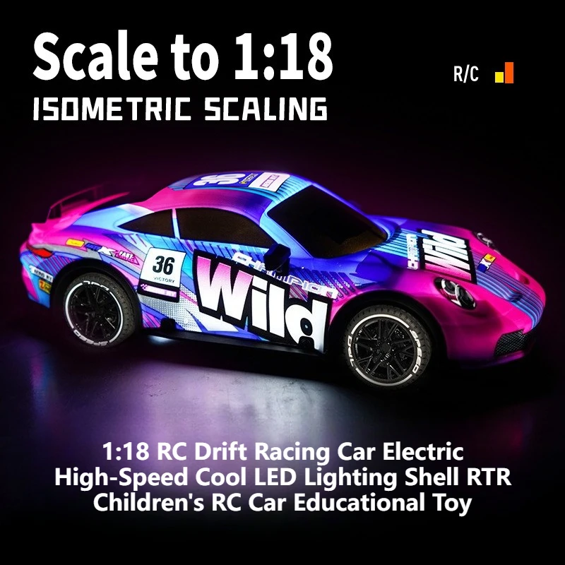 

1:18 RC Drift Racing Car 27GHz Remote Control Electric High-Speed Cool LED Lighting Shell RTR Children's RC Car Educational Toy