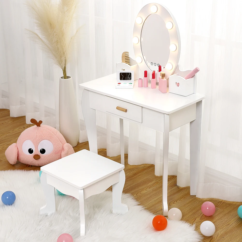 Girls' Vanity Table and Chair Set, Kids Makeup Dressing Table with Lights & Wood Makeup Playset, Kids Vanity Set with Mirror