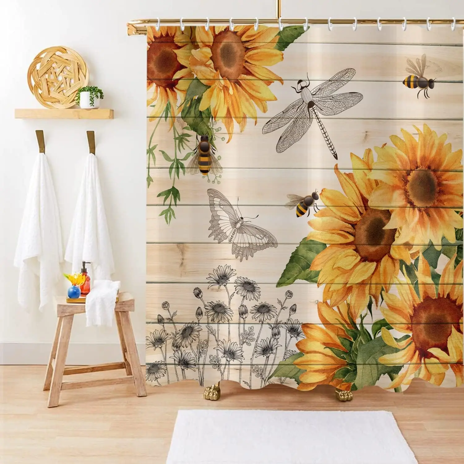 Waterproof Shower Curtain Sunflower Floral Botanical Nature Bath Shower Liner Boho Style Garden Insect Dragonfly Bee Yellow Deco