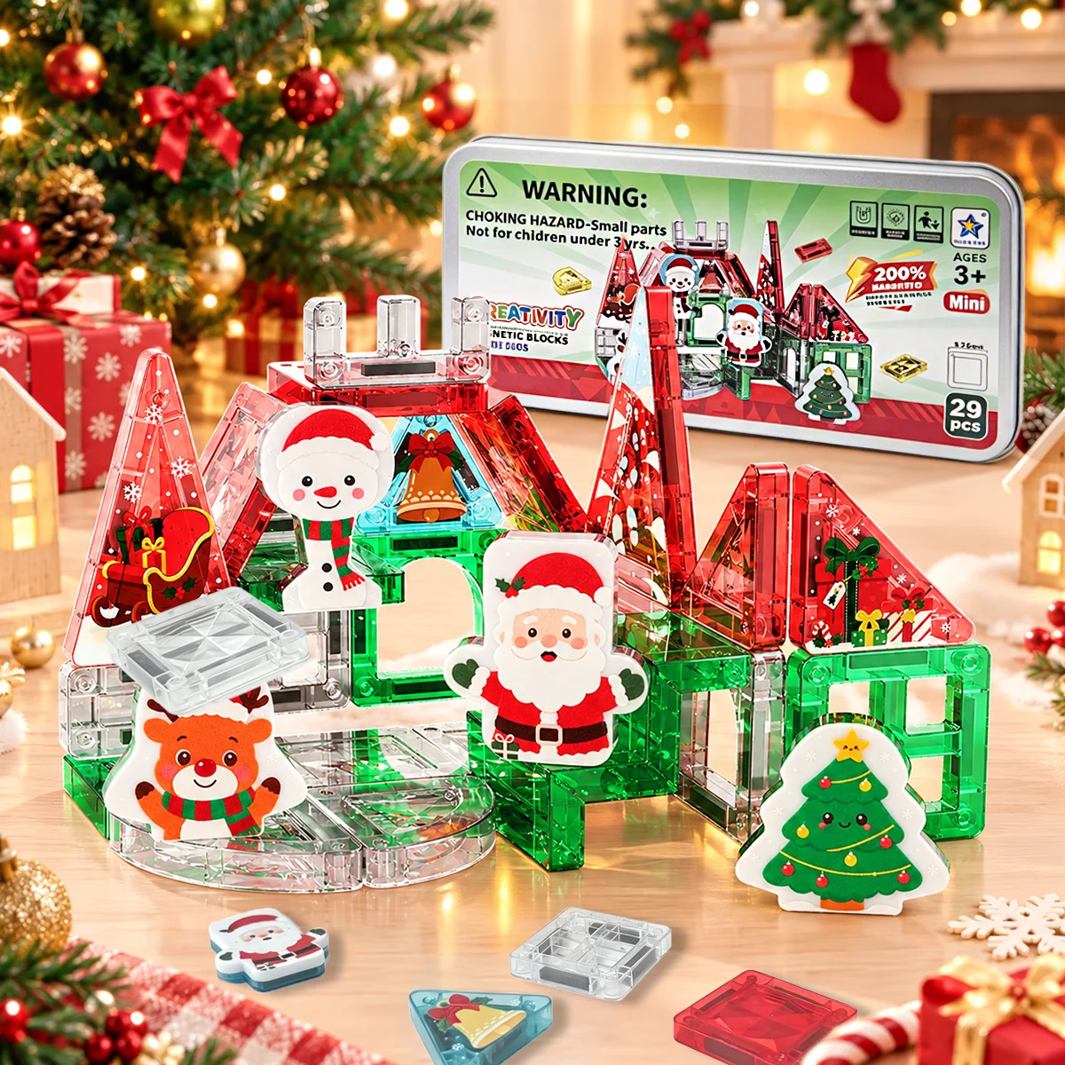 29Pcs Magnetic Tiles Building Blocks,Interactive Diy Construction Toy,Reative Magnet Bricks Kit,Christmas Party Diy Building Toy