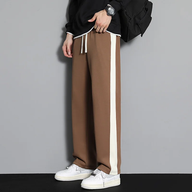 

Side Stripe Spring Autumn Men Sweatpants Straight Pant Cotton Casual Loose Solid Trousers Fashion Sportswear Drawstring Wide Leg