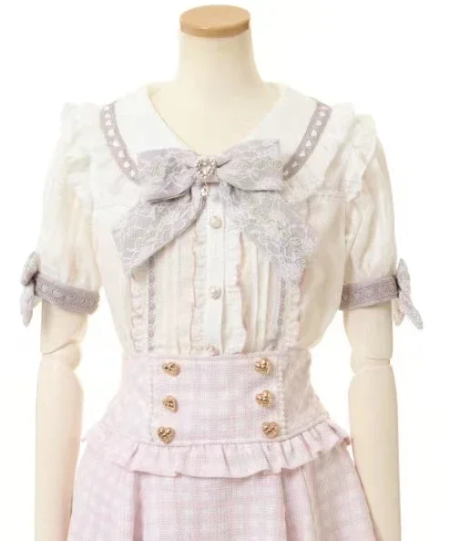 Rojita-camisa Lolita con cuello de encaje para mujer, blusas de manga corta ajustadas con lazo en los hombros, Tops bonitos de verano