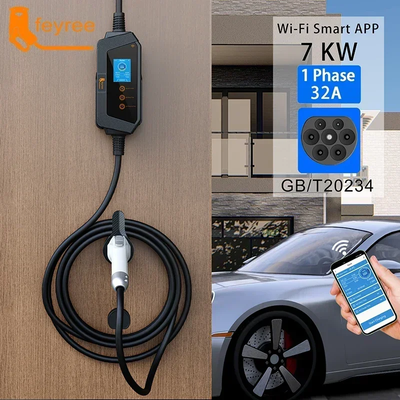 feyree 7KW 32A Adjustable EV Charger GBT Socket APP Bluetooth Version Set Charging Time EVSE Charging Box for Electric Vehicle