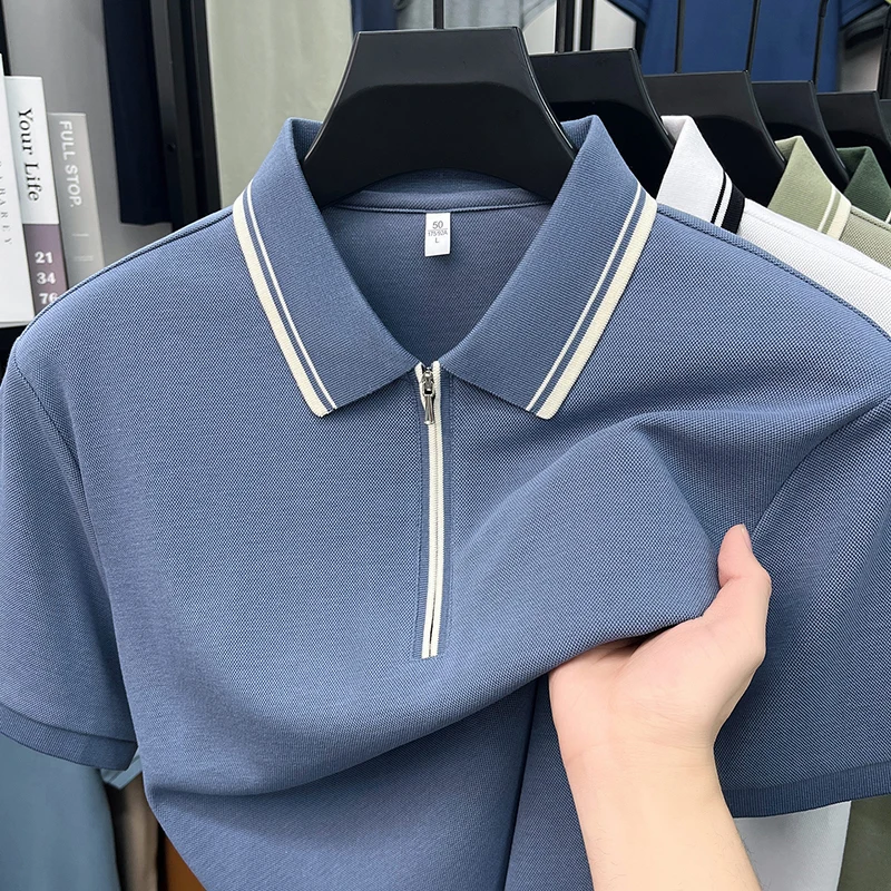

High quality half zipper short sleeve men polo shirt summer breathable new casual business luxury fashion striped lapel T-shirt