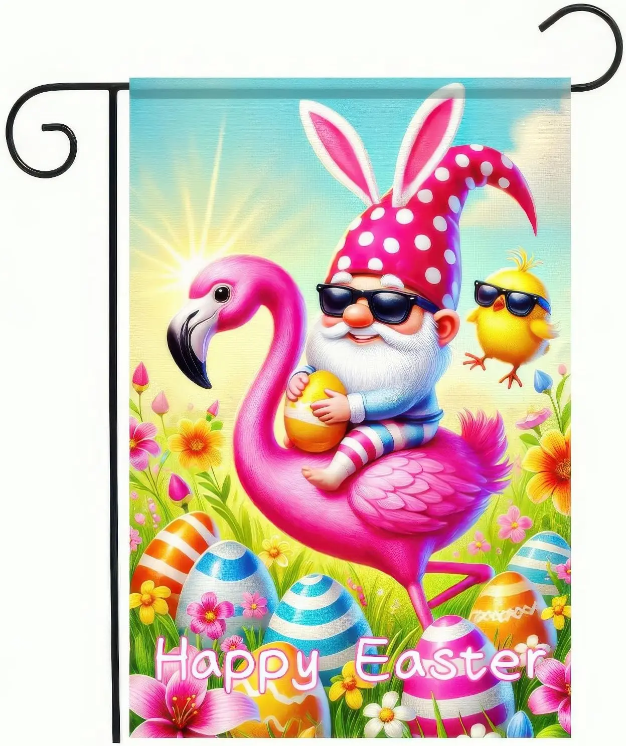 Happy Easter Garden Flag 12x18 Inch Double Sided Gnome Flamingo Bunny with Easter Egg Design Small Outdoor Yard Flag Spring  EEZ