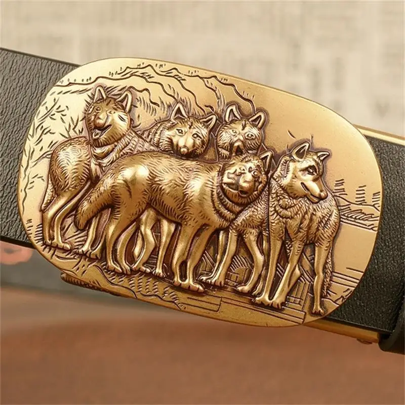 SupSindy New Men Genuine Leather Belt Luxury Gold Wolves Metal Automatic Buckle Cowhide Belts for Men Jeans Waistband Male Strap