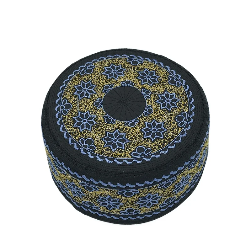 New Hui Men\'s Worship Hat Flat-topped Round-brimmed Gold and Blue Embroidery Saudi Hats Islam Homme Jewish Kufi Islamic Cap Men