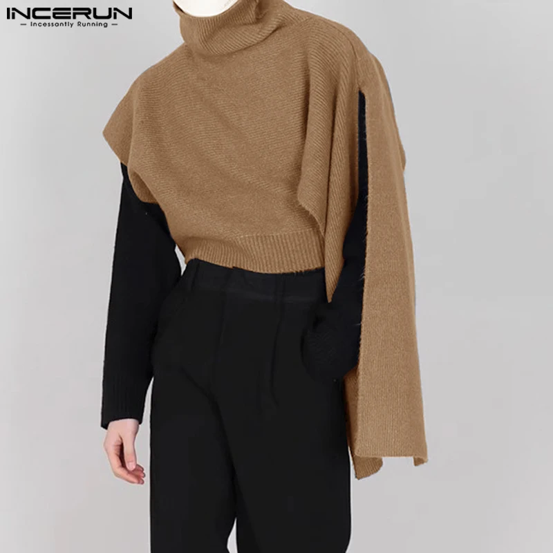 INCERUN Tops 2023 Korean Style Men\'s Cape Knitted High Necked Pullovers Stylish Irregular Cape Knitted Turtleneck Sweater S-5XL