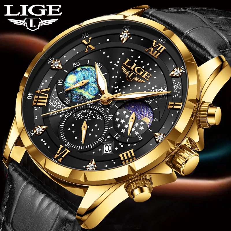 LIGE Fashion Brand Luxury Mens Watches Business Watch Men Leather Military Sport Waterproof Date Chronograph Montre Homme+BOX