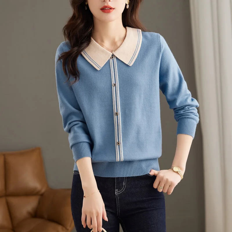 Women Clothing Simple Solid Sweet Knitted Tops Spring Daily Casual Fashion All-match Pullovers Turn-down Collar Sweaters