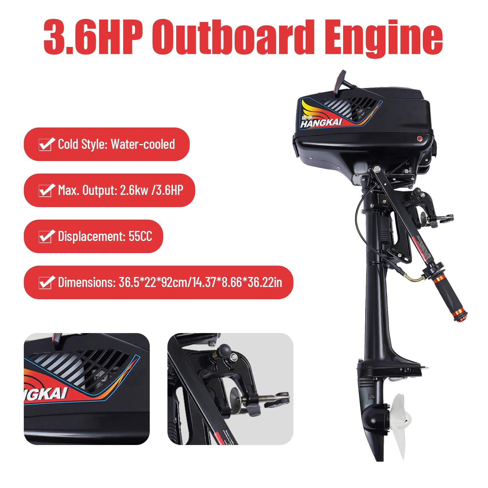 Gas Trolling Motor Fishing Boat Engine Water Cooling 3.6 HP 2 Stroke, Outboard Motor Engine W/ Water Cooling Short Shaft