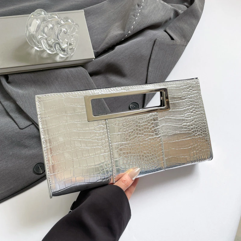 

Silver Evening Clutch Bag Fashion Party Purse Crocodile Pattern Pu Leather Women's Bag Large Capacity Tote Lady Commute Handbag