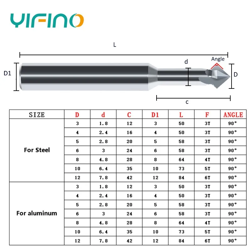 YIFINO HRC55 Tungsten Steel Carbide 90° Up And Down Chamfering Milling Cutter For Steel/Aluminum CNC Machining Endmills Tools