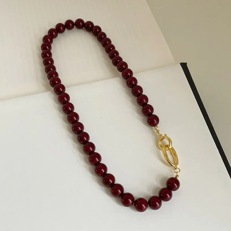 Minar – collier de perles en pierre naturelle d'agate rouge foncé française pour femmes, chaîne plaquée or, Double fermoir à bascule, ras de cou circulaire