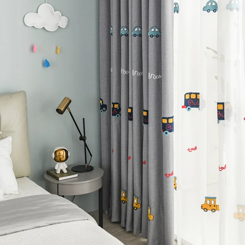 Anime Childlike Towel Embroidery Flower Cotton Linen Bedroom Curtain, Gray Cartoon Car Curtain, Children Room Window Screen